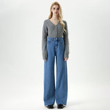 Bomve jeans fall street women's outfits Vintage Washed Wide-Leg Jeans Women's New Frayed Mop Pants for Autumn 2024