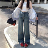 cute outfits fall 2024 Autumn Vintage Washed High Waist Jeans Women's Autumn Loose Wide Leg Straight Mop Pants