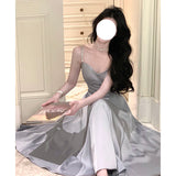 white dress Ladies Gentle Style Banquet Dress Diamond Chain Satin Strap Dress Women's New Waist Slimming Long Dress