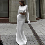 white dress Spring New Long-Sleeved Navel Top High Waist Slim-Fit Sheath Fishtail Skirt Fashion Satin Suit