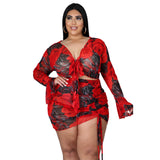 birthday outfit Printed Suit Drawstring Long Sleeve plus Size Polyester Mesh Printed Sexy Nightclub Two-Piece Set