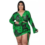 birthday outfit Printed Suit Drawstring Long Sleeve plus Size Polyester Mesh Printed Sexy Nightclub Two-Piece Set