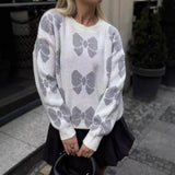 Black Friday Christmas Thanksgiving 2024 Winter Printed Butterfly round Neck Women's Loose plus Size Knitwear Pullover Women's Sweater