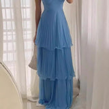 blue dress Fashion Elegant Dress 2024 Summer Sexy Sleeveless Multi-Layer Pleated Solid Color Dress