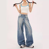 Bomve comfy school outfits Fall Street Vibe Style Jeans Women's High Waist Loose Straight Pear Shape Chubby Girl Light Blue Wide Leg Pants