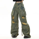 y2k Waste Soil Wind Washing Old Ripped Workwear Jeans Men's and Women's High Street Fashion Loose Wide Leg Straight Mop Trousers