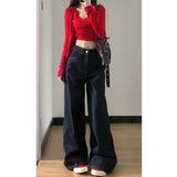 fall outfits 2024 American-Style Washed Dark Blue Denim Wide-Leg Pants Women's Autumn High Waist Loose Mop Straight Long Pants