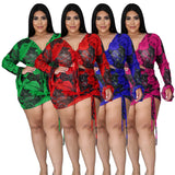 Bomve birthday outfit Printed Suit Drawstring Long Sleeve plus Size Polyester Mesh Printed Sexy Nightclub Two-Piece Set