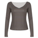 Women's Fashion Color Matching Striped Irregular off-Shoulder Loose Version Long Sleeve Basic Slimming Casual Top