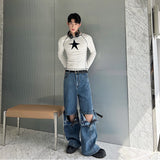 Bomve  Winter outfits men Cyber Monday 2024 Christmas outfits Y2K Style Contrast Color Five-Pointed Star Fashion Long Sleeve T-shirt Men and Women