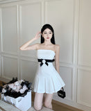 dress to impress Fashion Hot Girl Sexy A- line Pleated Skirt Chanel Style Contrast Color Waist Tight Strap Tube Top Dress X5779