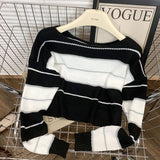 womens christmas outfit Black Friday Autumn New Black Pink Striped Fashion Sweet Chic Sweater Sweater Top off-Shoulder Sweater Women's Short