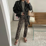 fall outfits 2024 Women's Jeans Personality Street Vintage Leopard Print Women's High Waist Trousers