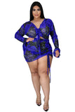 birthday outfit Printed Suit Drawstring Long Sleeve plus Size Polyester Mesh Printed Sexy Nightclub Two-Piece Set