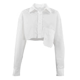 dress shirt Autumn New Open-Navel Asymmetric Stitching Fashion Casual Temperament Design Short White Shirt Women's Clothing