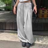 outfit inspo 2024 New Solid Color Pleated Loose Wide-Leg Pants Women's All-Match Elastic Waist Lace-up Draping Long Leg Straight Trousers