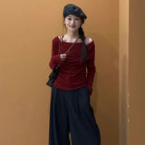 guys in skirts Casual Maxi Skirt Outfit Winter off-Shoulder Knitted T-shirt Women's Autumn Top Red 