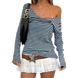 Women's Fashion Color Matching Striped Irregular off-Shoulder Loose Version Long Sleeve Basic Slimming Casual Top