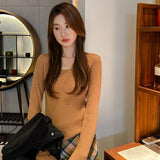 Bomve Autumn and Winter Solid Color round Neck Slim-Fit Velvet Sweater Sweater for Women