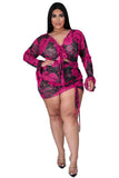 birthday outfit Printed Suit Drawstring Long Sleeve plus Size Polyester Mesh Printed Sexy Nightclub Two-Piece Set