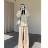 Rainbow Color Pants Women's Autumn and Winter 2024 High Waist Draping Soft Glutinous Wide-Leg Pants Casual Knitted Fleece-Lined Pants