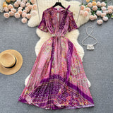 boxer costume Elegant Hollow round Neck Bow Print Dress Waist-Tight Elegant Chiffon Pleated Skirt