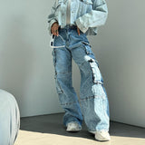 y2k outfits American-Style Washed Distressed Multi-Pocket Straight Stitching Workwear Jeans Casual Tassel Trousers Loose Wide-Leg Trousers