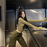 casual fall outfits 2024 Hot Girl New Army Green Simple Slim Bottoming T-shirt High Waist Casual Pocket Overalls for Women