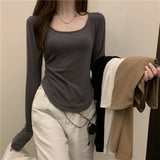 Bomve 2000s fashion Women's Long-Sleeved T-shirt Autumn and Winter New Fashion Ins Irregular Slim Student Casual Short Top Girl Bottoming Shirt