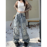 y2k outfits Heavy Industry Punk Style Multi-Pocket Wide-Leg Mopping Jeans Washed Gradient High Waist Loose Pants