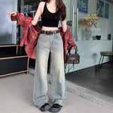 2024 Retro Blue Washed Loose Straight Jeans Women's Autumn Pants