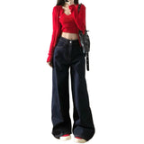 fall outfits 2024 American-Style Washed Dark Blue Denim Wide-Leg Pants Women's Autumn High Waist Loose Mop Straight Long Pants