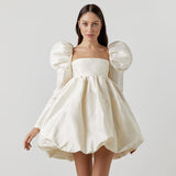 white dress French Style Puff sleeves Dress 