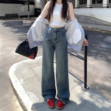 Bomve cute outfits fall 2024 Autumn Vintage Washed High Waist Jeans Women's Autumn Loose Wide Leg Straight Mop Pants