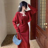 Bomve korean fashion Knitted Cardigan Sweater Elegant Strap Dress Two-Piece Suit