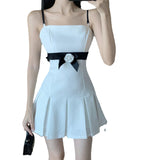 dress to impress Fashion Hot Girl Sexy A- line Pleated Skirt Chanel Style Contrast Color Waist Tight Strap Tube Top Dress X5779