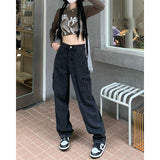 Bomve leapord Winter outfit Plus Size Retro Gray Straight Jeans Women's Street Style Hip Hop High Waist Tooling Wide Leg Pants black