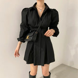 dress shirt 2024 Korean Chic Autumn New Polo Collar Solid Color Tight Waist Long Sleeve Shirt Dress Women