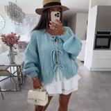 Black Friday Christmas Thanksgiving round Neck Lace-up Knitted Cardigan Coat 2024 Autumn and Winter New Pure Color Commuter Simple Sweater for Women