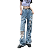 tomboy outfit Hot Girl Ripped Jeans Women's Summer New Straight Loose High Waist Slimming Wide Leg Pants Fashion Ins