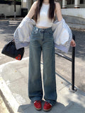 cute outfits fall 2024 Autumn Vintage Washed High Waist Jeans Women's Autumn Loose Wide Leg Straight Mop Pants