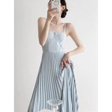 gold dress Summer New High Waist Slimming Fishbone Temperament Sleeveless Pleated Sling Dress Women's Hot Girl Sexy A- line Dress