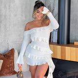 white dress Hot Selling 2024 Autumn New Fashion off-Shoulder Ruffled Flare Sleeve Ribbon Dress