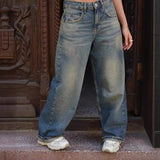 Bomve classy outfits men American Retro Hot Girl Jeans High Street Low Waist Distressed Oversize Wide Leg Drape Mop Long Pants Trendy