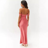 off Shoulder Tube Top Satin Backless Long Dress Rose Pink