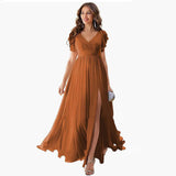 dress Ruffle Sleeve Slit Chiffon Bridal Shower Dress Long V-neck Formal Chiffon Maxi Dress Cocktail Party Evening Dress