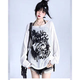 christmas outfit Black Friday Niche Chic White Blouse Long-Sleeved T-shirt Women's Printed Loose Bottoming Top