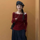 guys in skirts Casual Maxi Skirt Outfit Winter off-Shoulder Knitted T-shirt Women's Autumn Top Red 