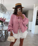 Black Friday Christmas Thanksgiving round Neck Lace-up Knitted Cardigan Coat 2024 Autumn and Winter New Pure Color Commuter Simple Sweater for Women