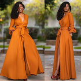 2024 fall fashion trends Women's Deep V Long Sleeve Waist Solid Color Cardigan Dress Long Dress